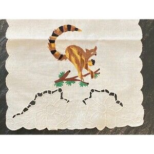 Lemur Embroidery On Crisp Linen Table Runner Folk Art Animals Madagascar 28x13"